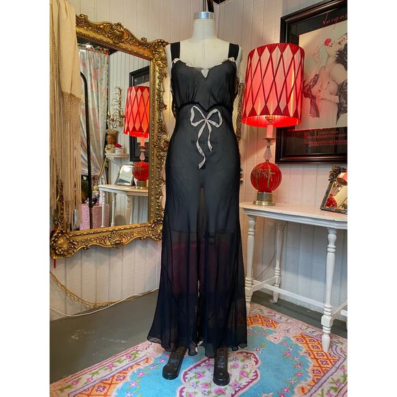 vintage 1930s sheer black bias cut nightgown hearts and bow m/l boudior pin up - Picture 1 of 11